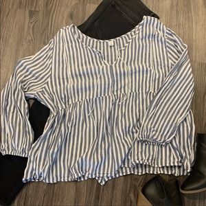 Striped Linen Peasant Top with Balloon Sleeves